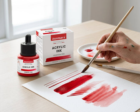 Isomars Professional Acrylic Ink Crimson Red 35 ml, Waterproof Dropper - Isomars