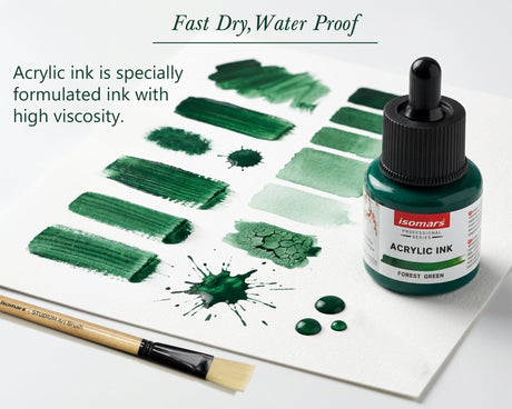 Isomars Professional Acrylic Ink Forest Green 35 ml, Waterproof Dropper - Isomars