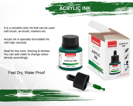 Isomars Professional Acrylic Ink Forest Green 35 ml, Waterproof Dropper - Isomars