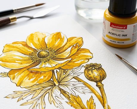 Isomars Professional Acrylic Ink Golden Yellow 35 ml, Waterproof Dropper - Isomars