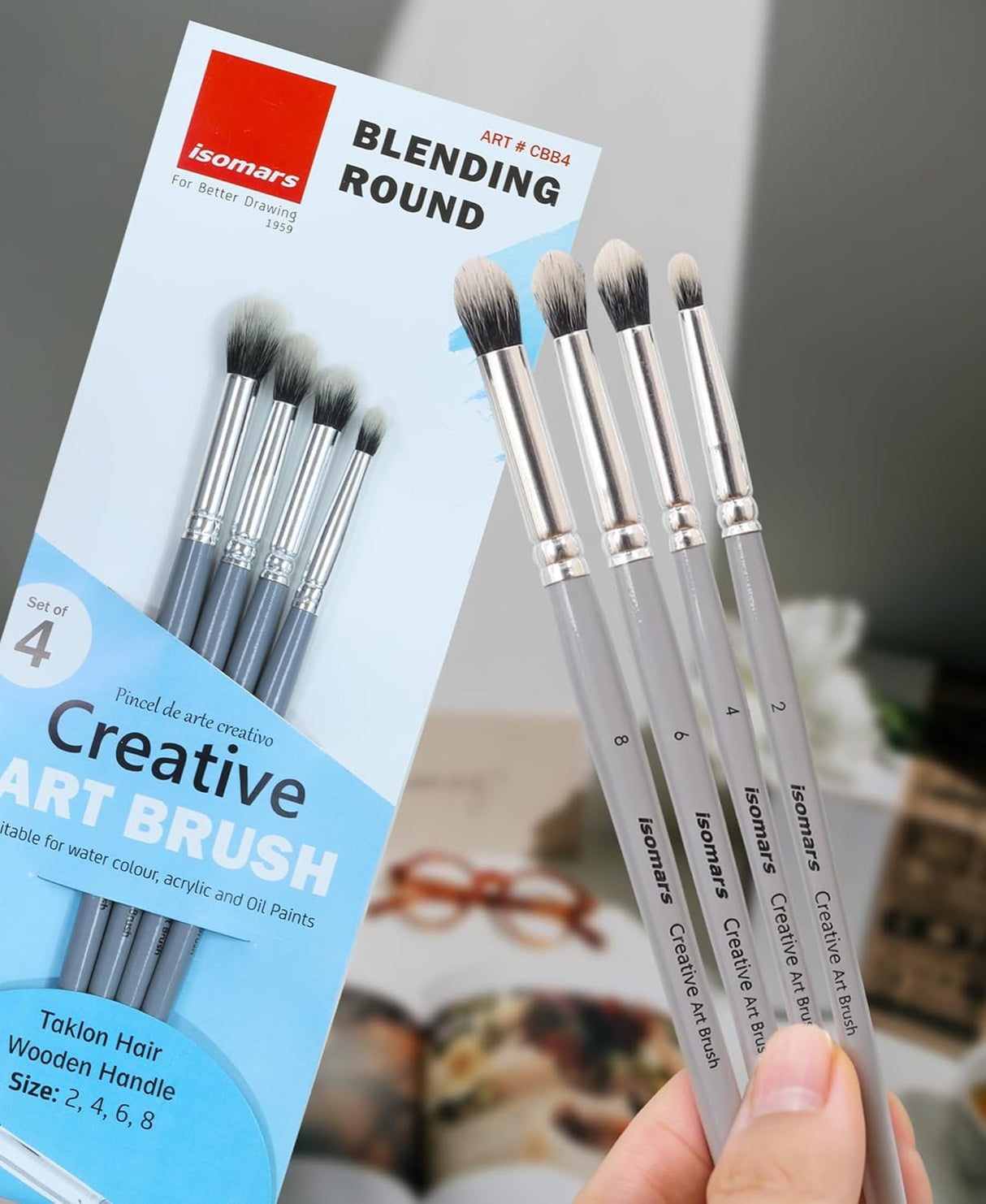 Isomars Professional Blending Brush Set of 4, Soft Bristles, Silver Metal Ferrule, Smooth Grey Handle | Suitable for Watercolor, Gouache, Acrylic, Ink & Oil Painting (Sizes: 2, 4, 6, and 8) - Isomars