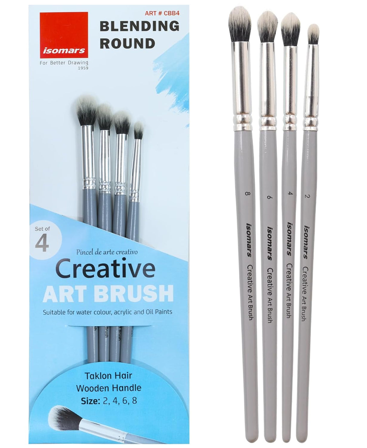 Isomars Professional Blending Brush Set of 4, Soft Bristles, Silver Metal Ferrule, Smooth Grey Handle | Suitable for Watercolor, Gouache, Acrylic, Ink & Oil Painting (Sizes: 2, 4, 6, and 8) - Isomars
