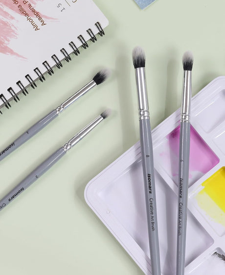 Isomars Professional Blending Brush Set of 4, Soft Bristles, Silver Metal Ferrule, Smooth Grey Handle | Suitable for Watercolor, Gouache, Acrylic, Ink & Oil Painting (Sizes: 2, 4, 6, and 8) - Isomars