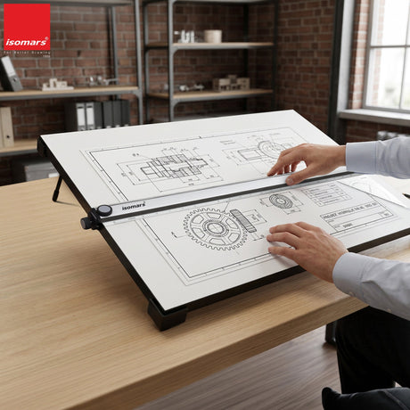 Isomars Professional drafting board with parallel ruler, foldable stand & carry handle for precise technical drawing - Isomars