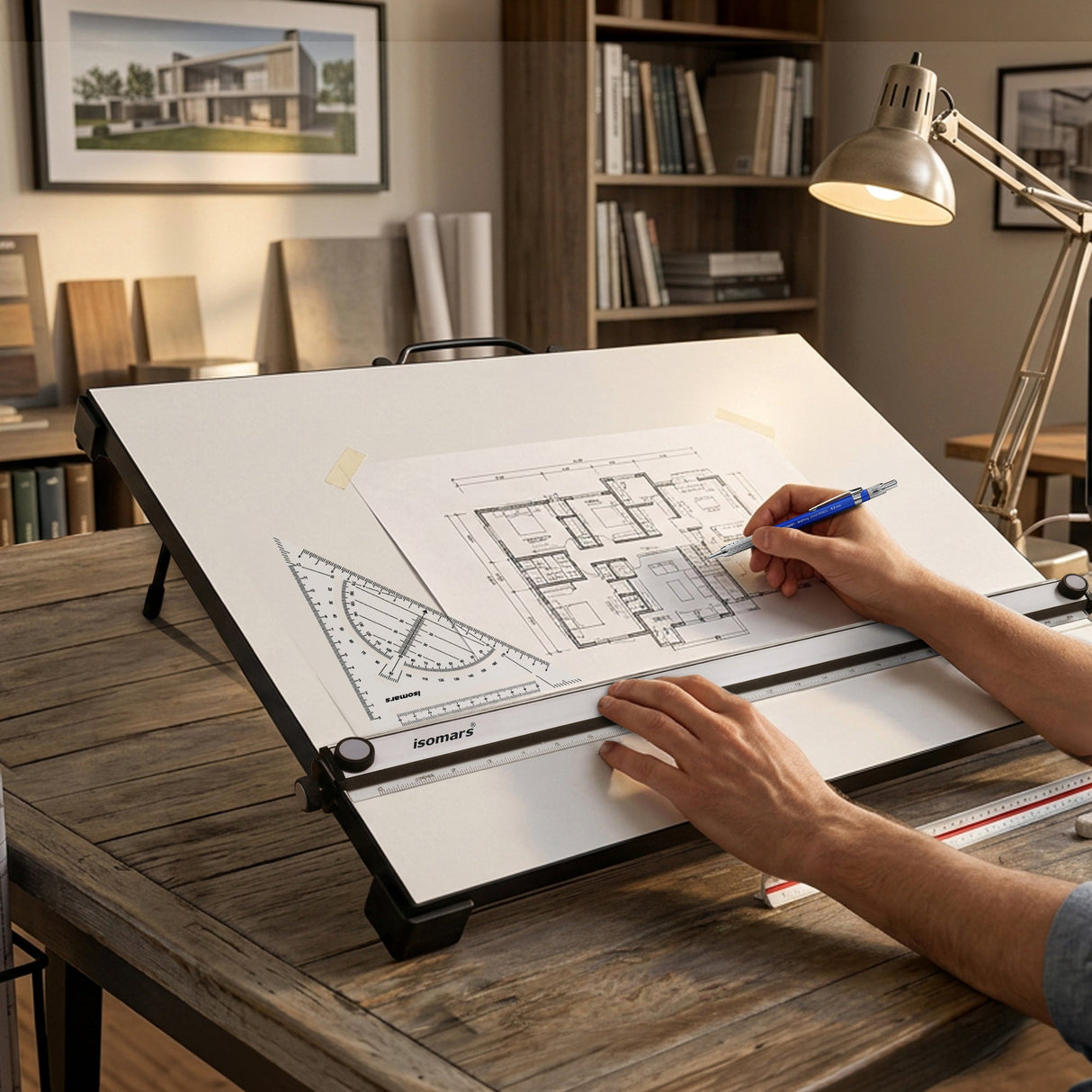 Isomars Professional drafting board with parallel ruler, foldable stand & carry handle for precise technical drawing - Isomars