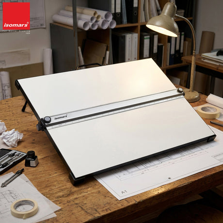 Isomars Professional drafting board with parallel ruler, foldable stand & carry handle for precise technical drawing - Isomars