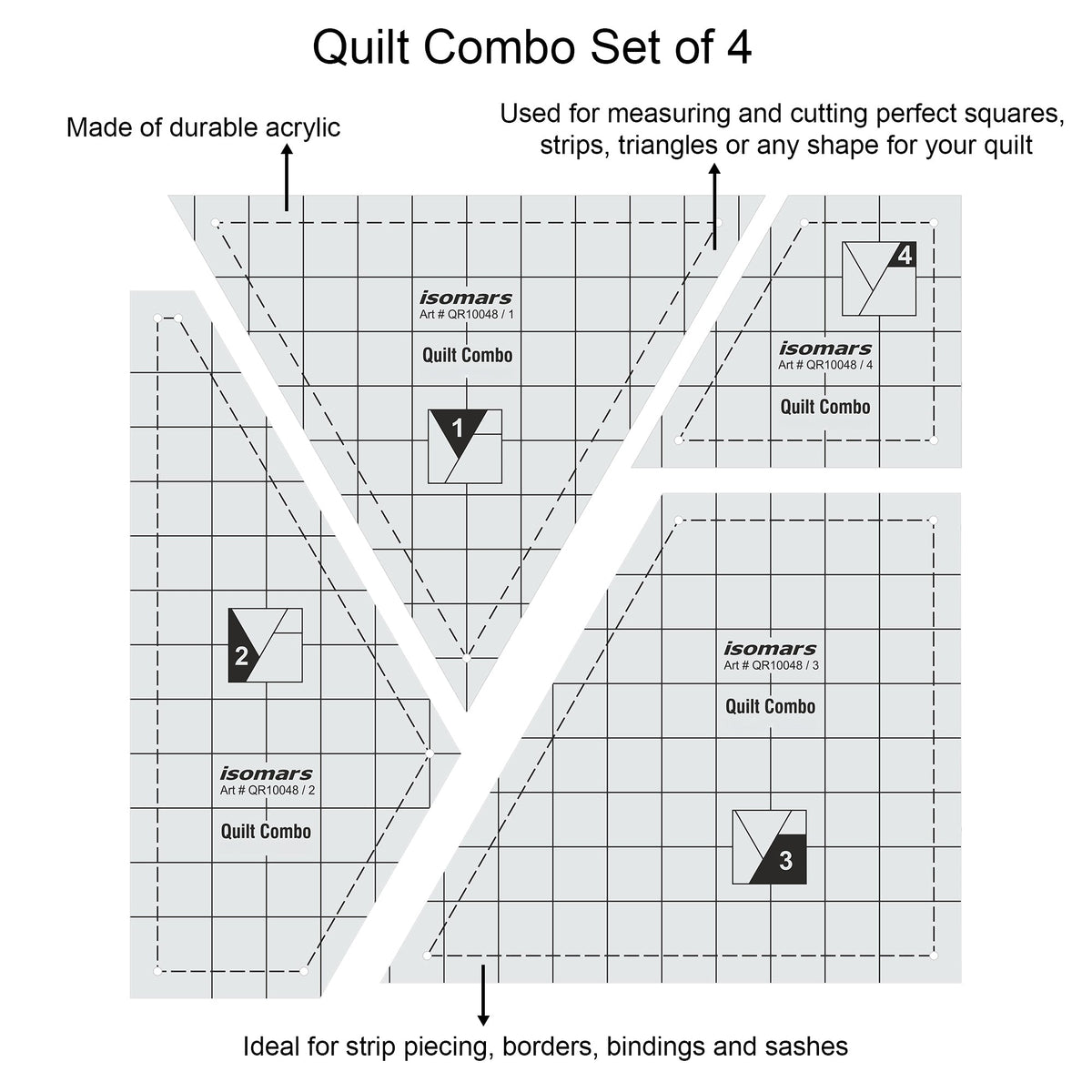 Isomars Quilt Ruler Set of 4 Acrylic Quilting Patchwork Templates - Isomars