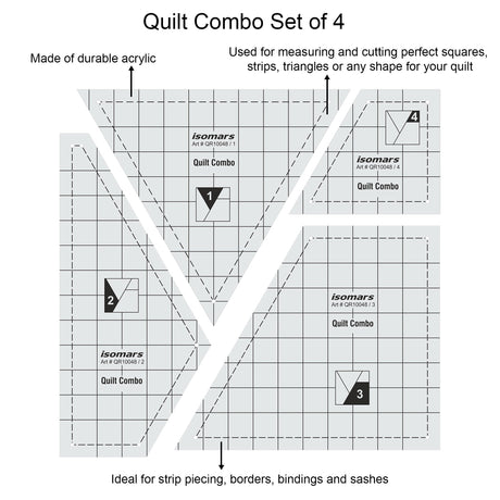 Isomars Quilt Ruler Set of 4 Acrylic Quilting Patchwork Templates - Isomars