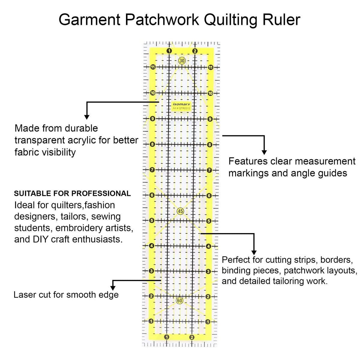 Isomars Quilting Ruler 3 x 12 Inch | Clear Acrylic Sewing Scale - Isomars