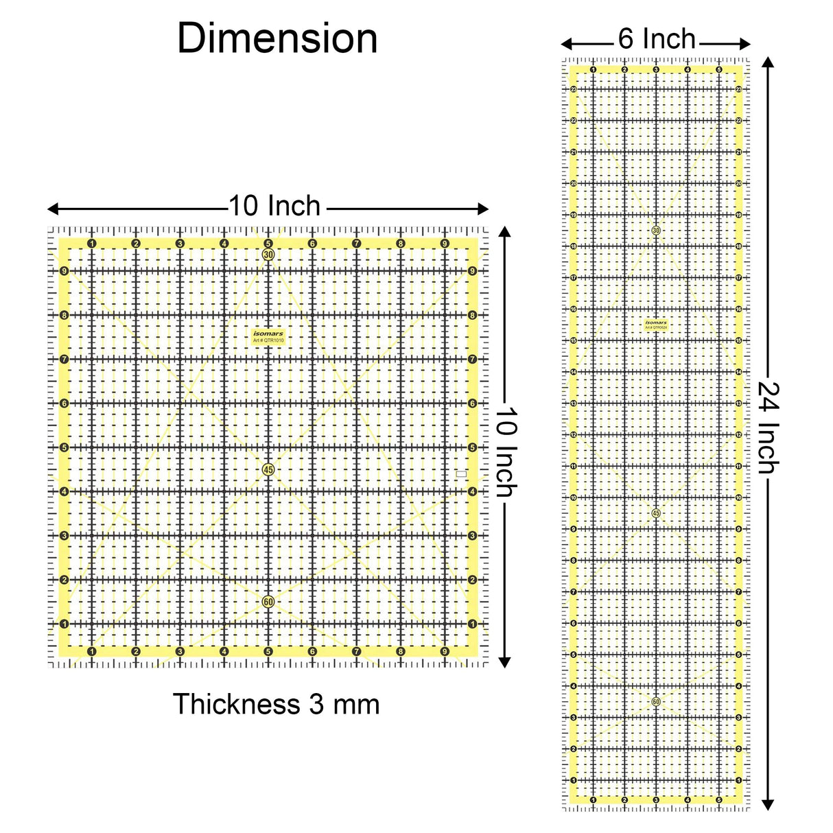 Isomars Quilting Ruler Set of 2 | 10 x 10 & 6 x 24 Inch Acrylic - Isomars