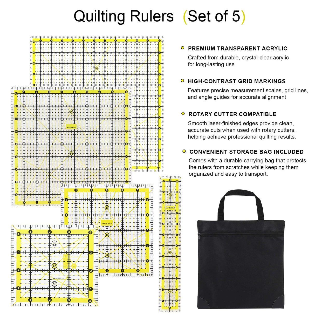 Isomars Quilting Ruler Set of 5 with Storage Bag, Clear Acrylic - Isomars