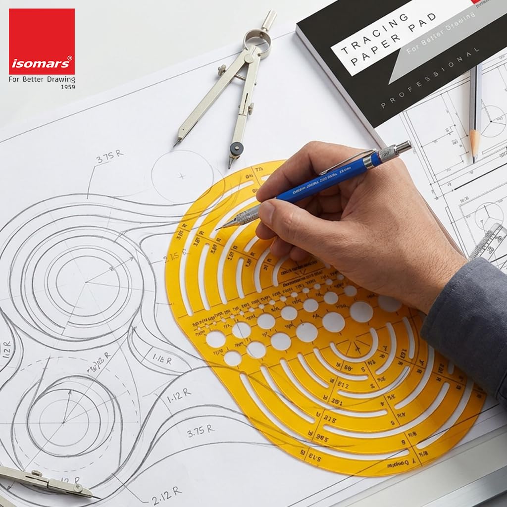 Isomars Radius Master Circle Template, Large Circle and Semi Circle Arc Drafting Stencil with Multiple Radius Measurements for Architects, Engineers, Designers, Technical Drawing & Blueprint Planning - Isomars
