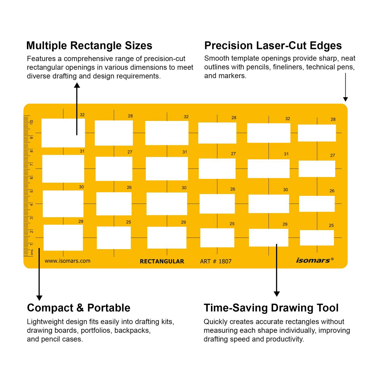 Isomars Rectangular Template Drawing Stencil | Precision Rectangle Drafting Template with Multiple Sizes | Geometric Drawing Tool for Architects, Engineers, Designers, Artists & Students - Isomars