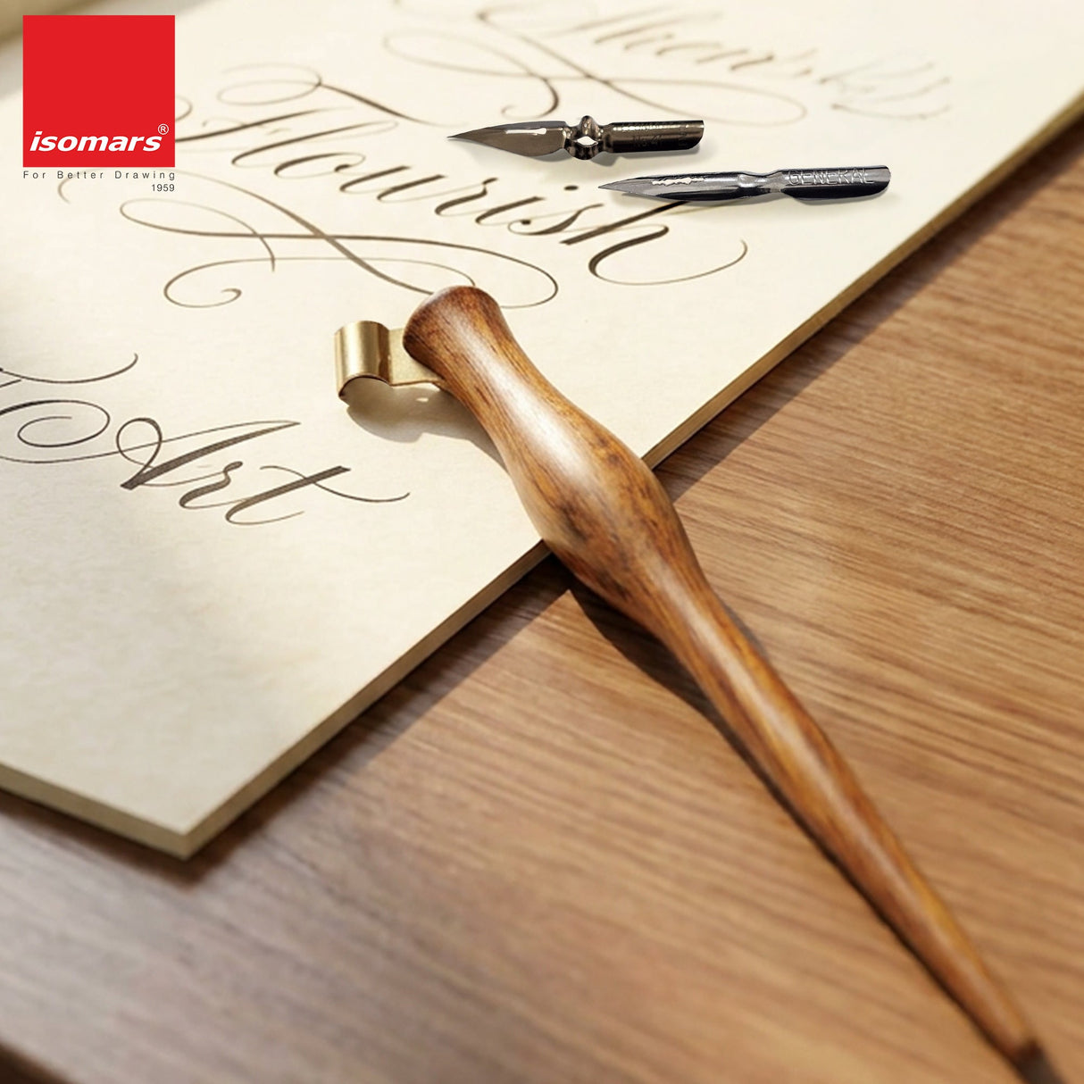Isomars Rosewood Oblique Calligraphy Holder with 2 Flex Nibs for Copperplate, Spencerian and modern calligraphy - Isomars