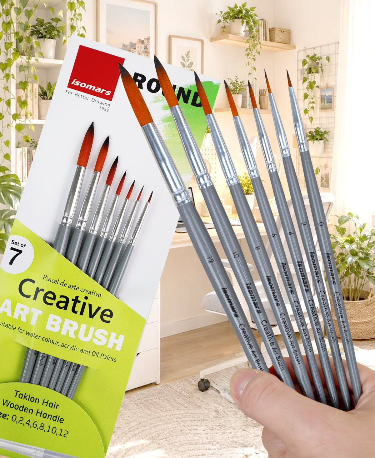 Isomars Round Paint Brush Set of 7 - Taklon Hair, Sizes 0 to 12 - Isomars