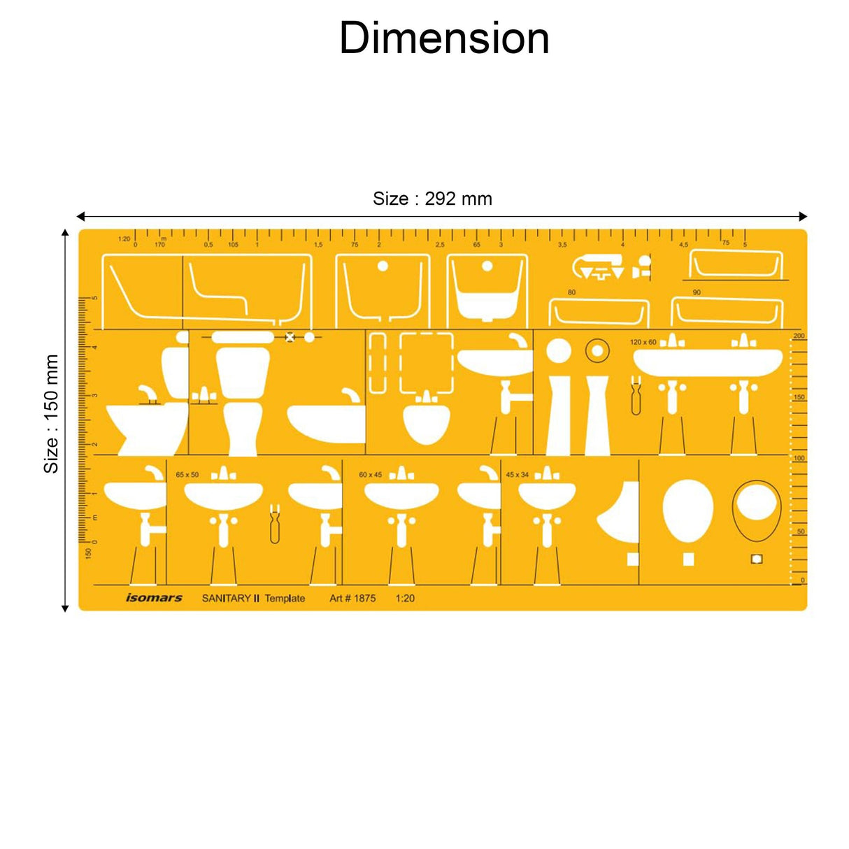 Isomars Sanitary Template II 1:20 Scale (Art 1875) | Architectural Plumbing & Bathroom Fixture Drafting Stencil for Wash Basin, WC, Bathtub, Sink & Sanitary Layout Design - Isomars