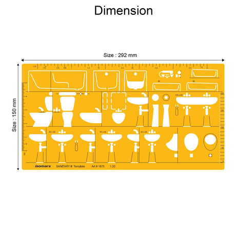 Isomars Sanitary Template II 1:20 Scale (Art 1875) | Architectural Plumbing & Bathroom Fixture Drafting Stencil for Wash Basin, WC, Bathtub, Sink & Sanitary Layout Design - Isomars
