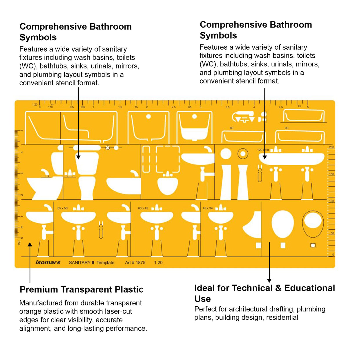Isomars Sanitary Template II 1:20 Scale (Art 1875) | Architectural Plumbing & Bathroom Fixture Drafting Stencil for Wash Basin, WC, Bathtub, Sink & Sanitary Layout Design - Isomars