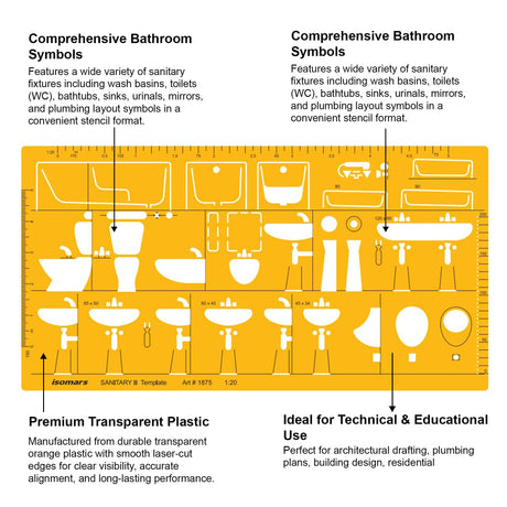 Isomars Sanitary Template II 1:20 Scale (Art 1875) | Architectural Plumbing & Bathroom Fixture Drafting Stencil for Wash Basin, WC, Bathtub, Sink & Sanitary Layout Design - Isomars