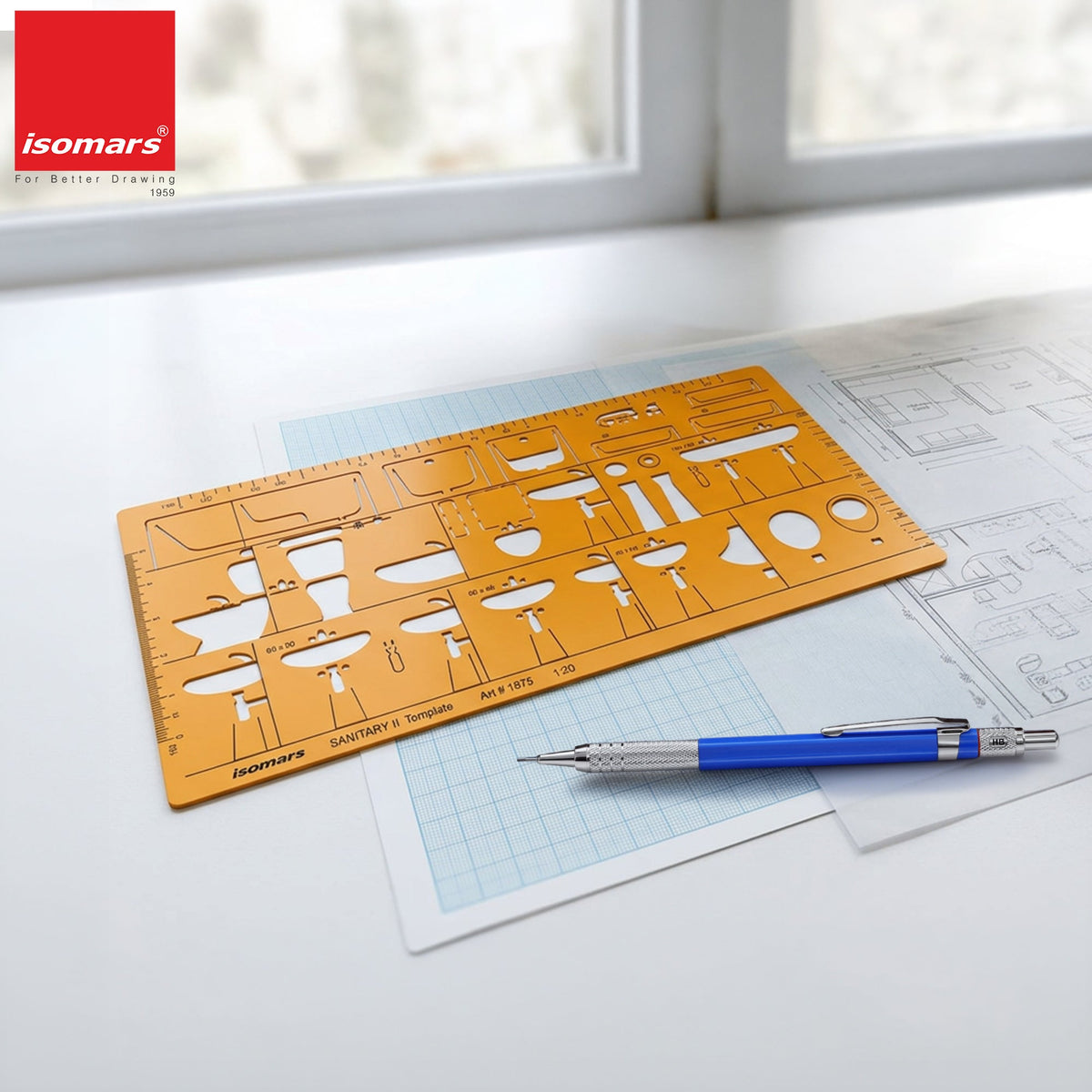 Isomars Sanitary Template II 1:20 Scale (Art 1875) | Architectural Plumbing & Bathroom Fixture Drafting Stencil for Wash Basin, WC, Bathtub, Sink & Sanitary Layout Design - Isomars