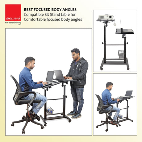 Isomars Sit &Stand 360° 2 Platforms Laptop & Projector User Table Multipurpose Angle Height & 360° Rotation Adjustable Both Side 2 Engineered Wood Board 20" / 50.8 cm x 14" / 35..5 cm (Black) - Isomars