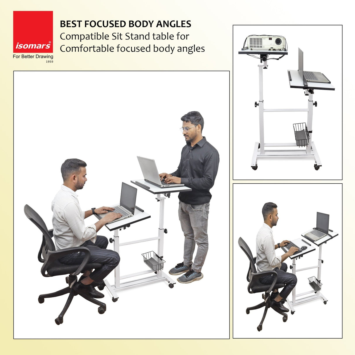 Isomars Sit &Stand 360° 2 Platforms Laptop & Projector User Table Multipurpose Angle Height & 360° Rotation Adjustable Both Side 2 Engineered Wood Board 20" / 50.8 cm x 14" / 35..5 cm (White) - Isomars
