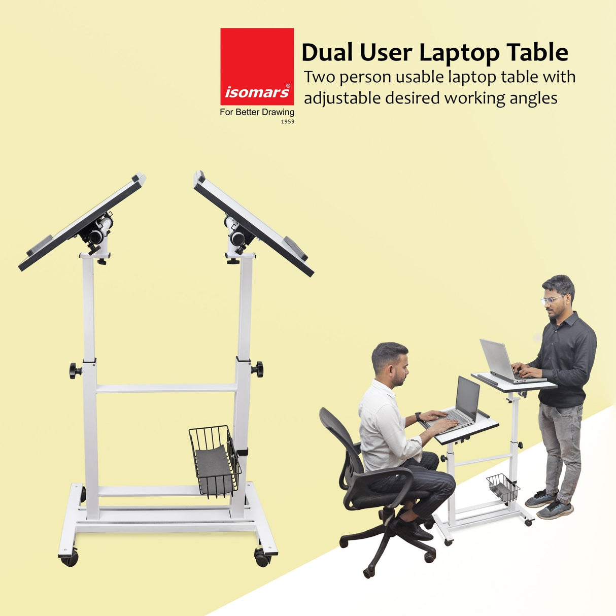 Isomars Sit &Stand 360° 2 Platforms Laptop & Projector User Table Multipurpose Angle Height & 360° Rotation Adjustable Both Side 2 Engineered Wood Board 20" / 50.8 cm x 14" / 35..5 cm (White) - Isomars