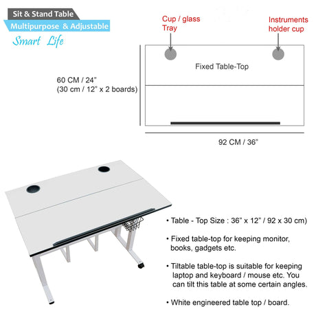 Isomars Sit/Stand Multipurpose Adjustable Table Professional Computer Workstation Extra Long Table top Dedicated Space for CPU Comes with Wheels & Floor Adjusters(36" X 12"/92cm X 30CM Wide White) - Isomars