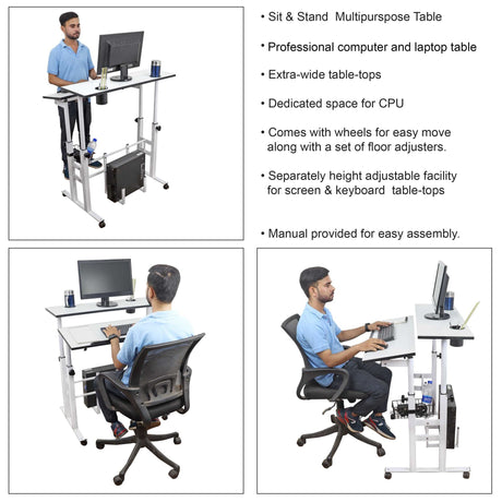 Isomars Sit/Stand Multipurpose Adjustable Table Professional Computer Workstation Extra Long Table top Dedicated Space for CPU Comes with Wheels & Floor Adjusters(36" X 12"/92cm X 30CM Wide White) - Isomars