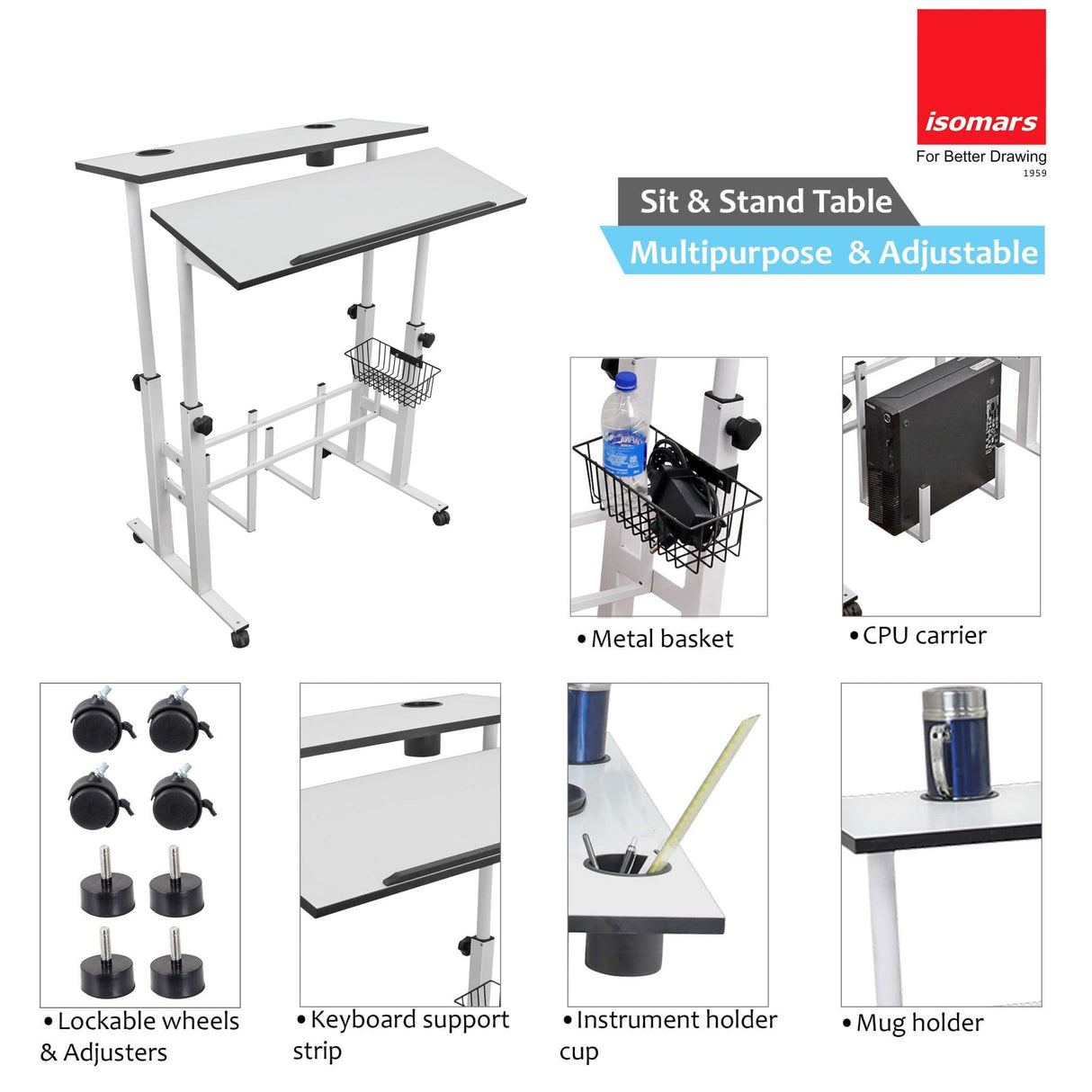 Isomars Sit/Stand Multipurpose Adjustable Table Professional Computer Workstation Extra Long Table top Dedicated Space for CPU Comes with Wheels & Floor Adjusters(36" X 12"/92cm X 30CM Wide White) - Isomars