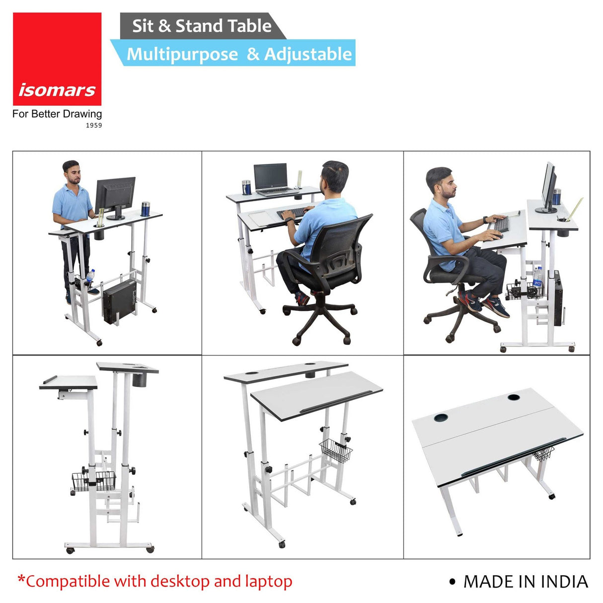Isomars Sit/Stand Multipurpose Adjustable Table Professional Computer Workstation Extra Long Table top Dedicated Space for CPU Comes with Wheels & Floor Adjusters(36" X 12"/92cm X 30CM Wide White) - Isomars