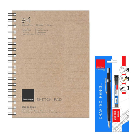 Isomars Sketch Pad Artist - A4 with 40 Sheets & Mechanical Pencil 0.5mm - with Leads and Eraser - Isomars