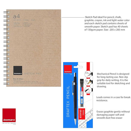 Isomars Sketch Pad Artist - A4 with 40 Sheets & Mechanical Pencil 0.5mm - with Leads and Eraser - Isomars
