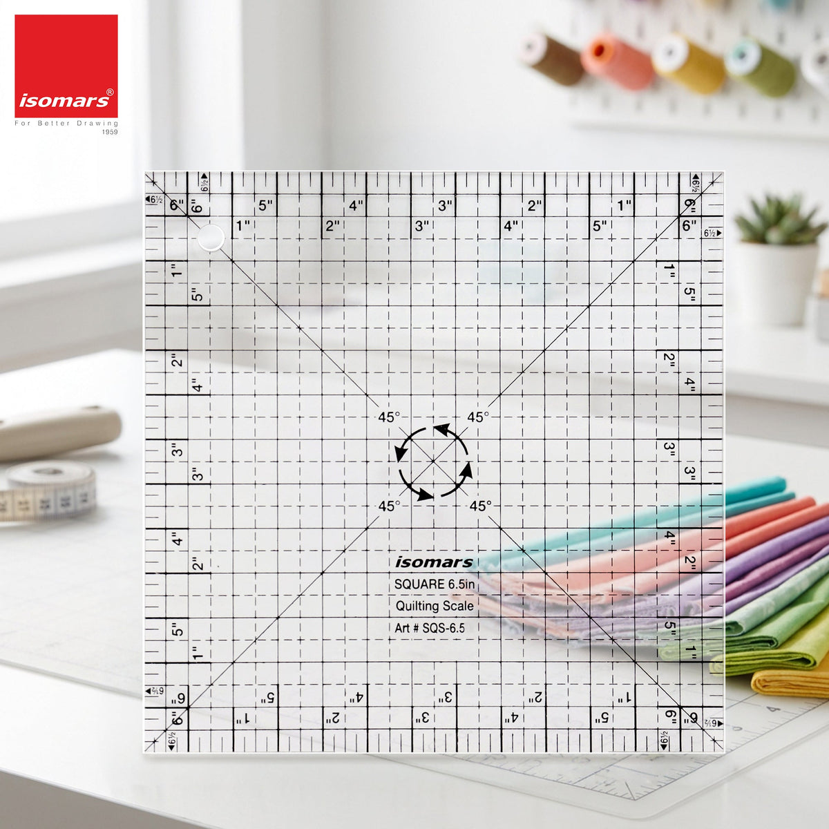 Isomars Square Quilting Ruler 6.5" x 6.5" for Fabric Cutting - Isomars