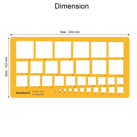 Isomars Square Template Drawing Stencil | Precision Geometric Square Drafting Template with 34 Square Sizes | Technical Drawing Tool for Architects, Engineers, Designers, Artists & Students - Isomars