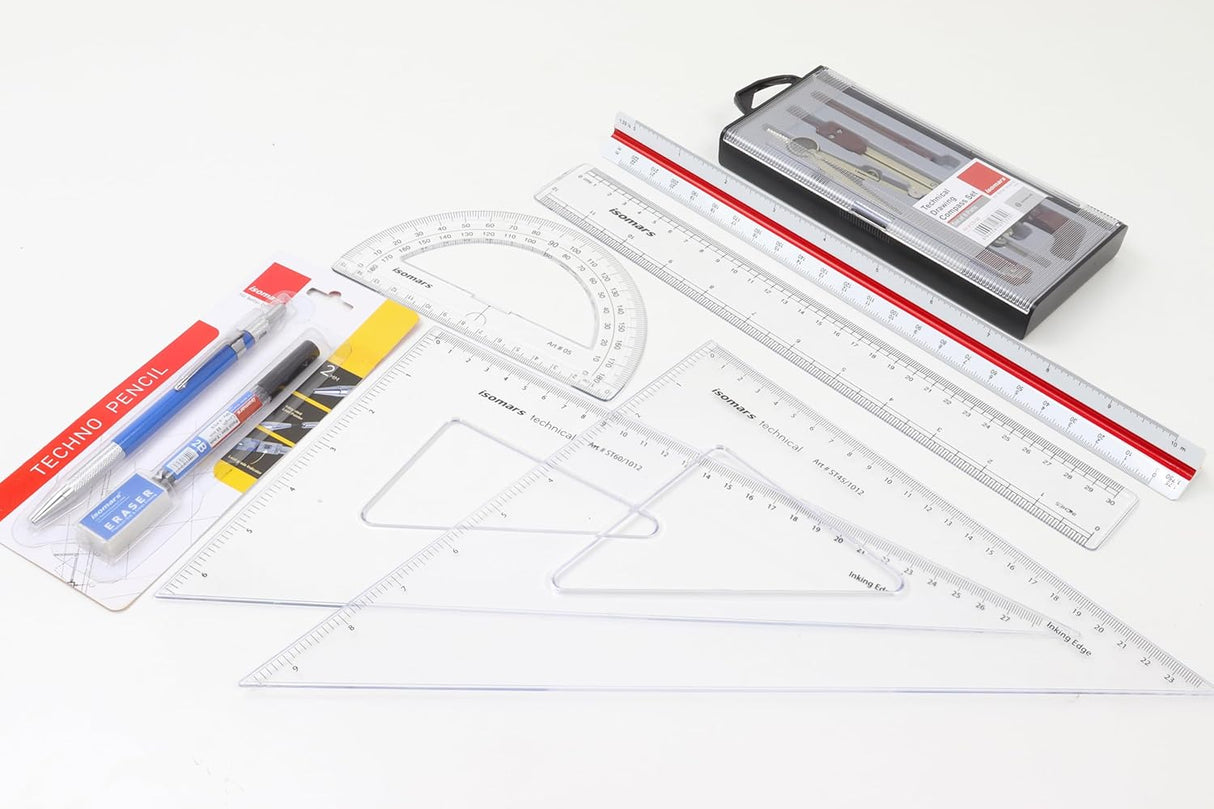 Isomars Student Drafting Kit – 7-Piece Engineering Drawing Set with Compass, Scale, Set Squares, Protractor & Protective Carry Pouch – Ideal for Architecture & Engineering Students - Isomars