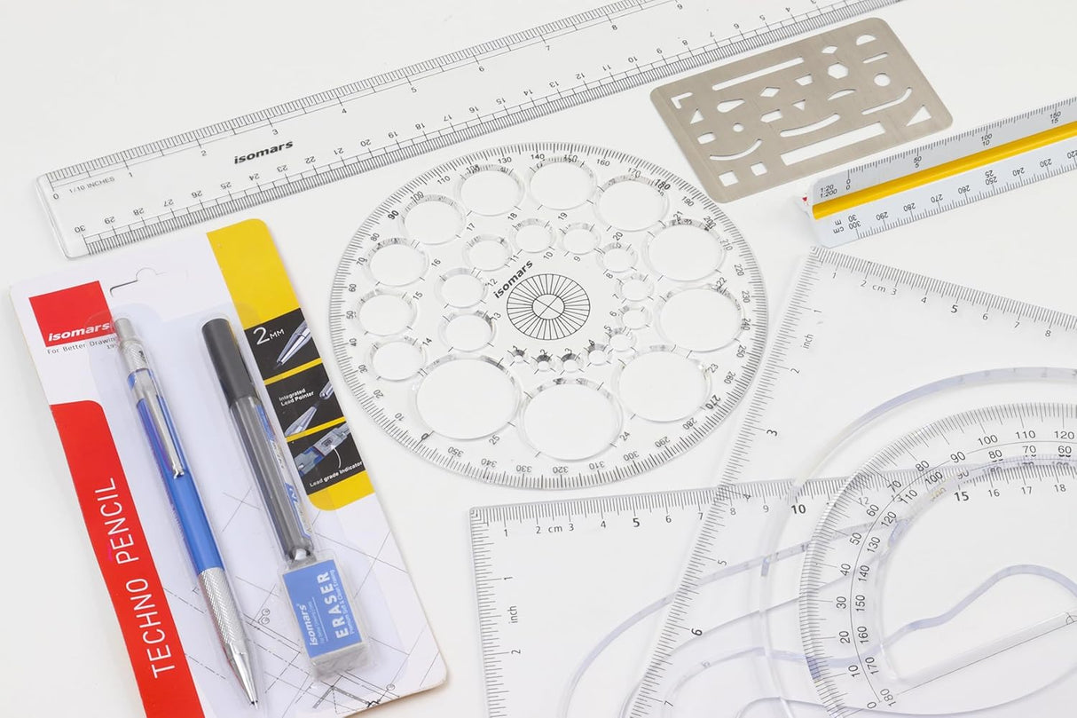 Isomars Student Drafting Kit – 7-Piece Engineering Drawing Set with Compass, Scale, Set Squares, Protractor & Protective Carry Pouch – Ideal for Architecture & Engineering Students - Isomars
