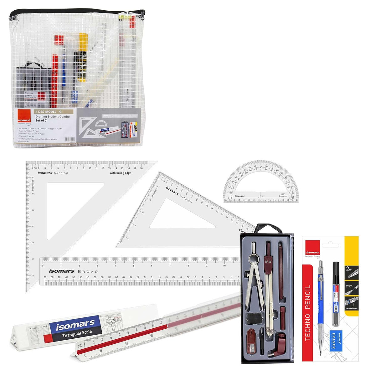 Isomars Student Drafting Kit – 7-Piece Engineering Drawing Set with Compass, Scale, Set Squares, Protractor & Protective Carry Pouch – Ideal for Architecture & Engineering Students - Isomars