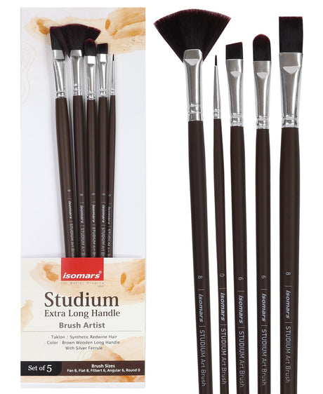 Isomars Studium Extra Long Handle Artist Brush Set of 5 for Acrylic, Watercolor & Oil Painting - Isomars