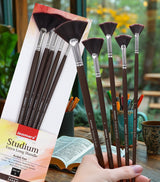Isomars Studium Extra Long Handle Artist Fan Brush Set of 5 for Acrylic, Watercolor & Oil Painting - Isomars