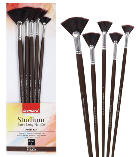 Isomars Studium Extra Long Handle Artist Fan Brush Set of 5 for Acrylic, Watercolor & Oil Painting - Isomars