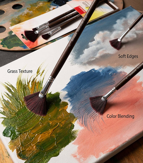 Isomars Studium Extra Long Handle Artist Fan Brush Set of 5 for Acrylic, Watercolor & Oil Painting - Isomars
