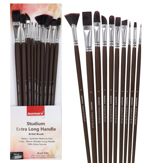 Isomars Studium Extra Long Handle Artist Paint Brush Set of 10 for Acrylic, Oil & Mixed Media Painting - Isomars