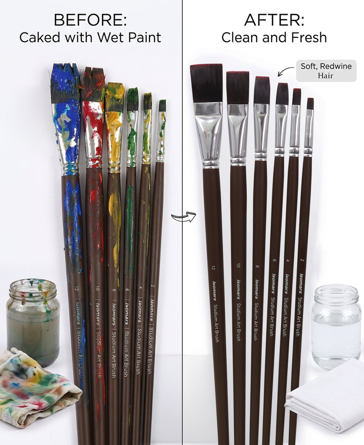 Isomars Studium Extra Long Handle Flat Paint Brush Set of 6 for Acrylic, Watercolor & Oil Painting - Isomars