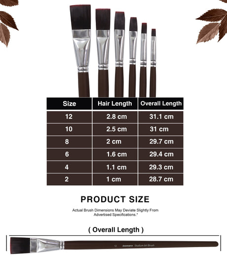 Isomars Studium Extra Long Handle Flat Paint Brush Set of 6 for Acrylic, Watercolor & Oil Painting - Isomars
