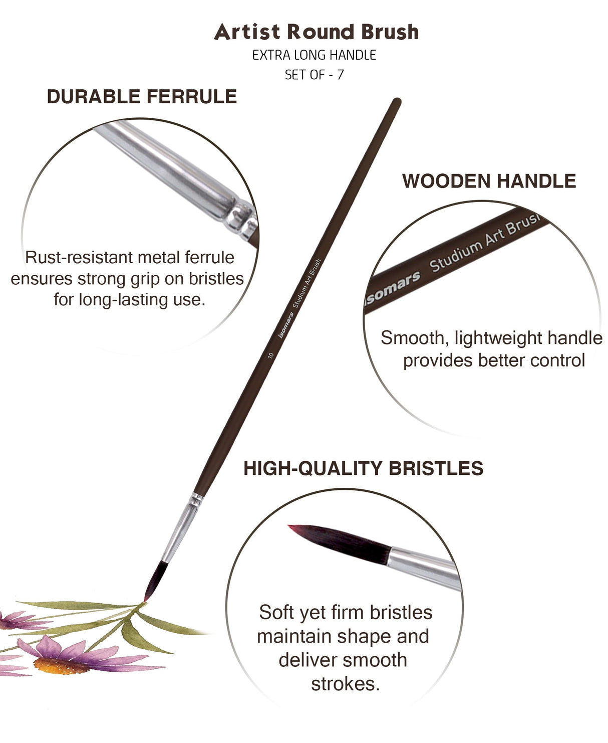 Isomars Studium Extra Long Handle Round Paint Brush Set of 7 for Acrylic, Watercolor & Oil Painting - Isomars