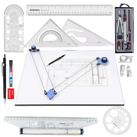 Isomars Technical Drawing And Drafting Kit - Includes Drawing Board Drafting Board - A2 - Size 18.5"x25" Engg. Template, Pencil, Compass Set, Mini Drafter, Set Square Pro-Circle And Rolling Ruler - Isomars