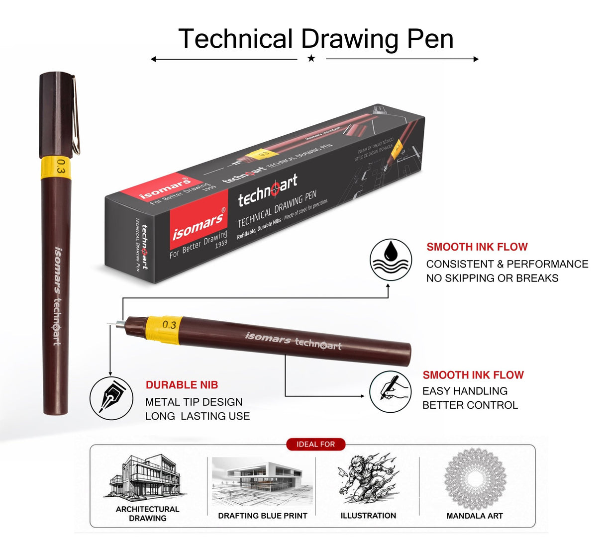 Isomars Technoart Fineliner Pen 0.3mm with Waterproof Black Ink Set - Isomars
