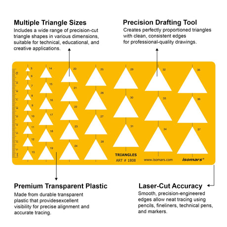 Isomars Triangle Template Drawing Stencil | Precision Geometric Triangle Drafting Template with Multiple Sizes | Technical Drawing Tool for Architects, Engineers, Designers, Artists & Students - Isomars