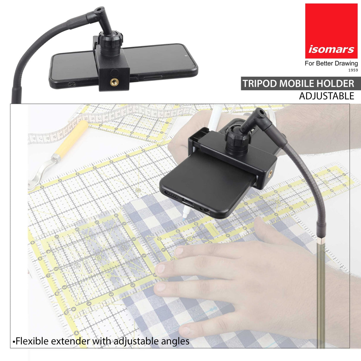 Isomars Tripod Mobile Holder Adjustable- for Smartphones & iPhones (Black) with 360° Rotational Working Angles & Flexible Extender with Spring Mechanisam Adjustable Angles - Isomars